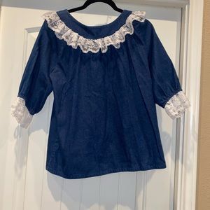 Women’s Vintage Pitchfork Brand Denim White Lace Ruffle Top Size Medium EUC